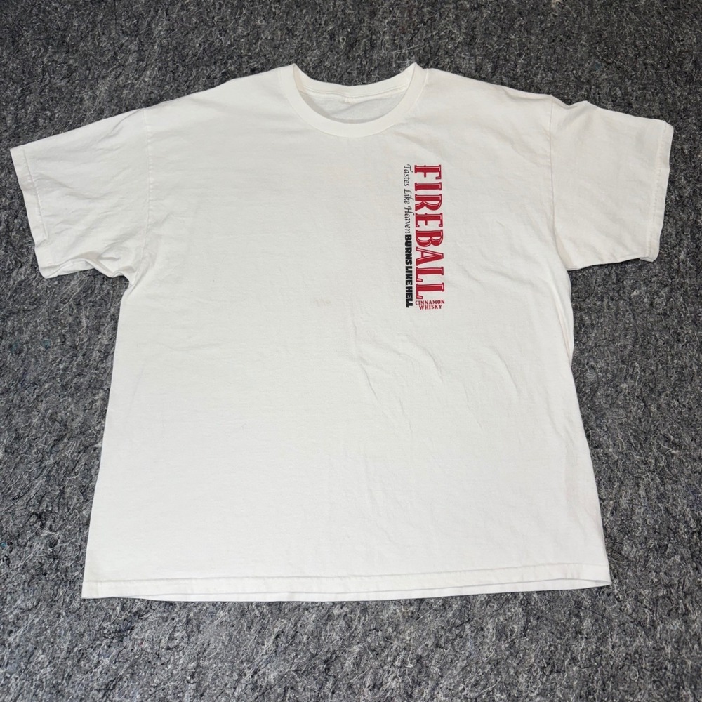 Fireball Cinnamon Whisky T-Shirt‎ Mens XL White Red Hot Demon Graphic Promo Tee